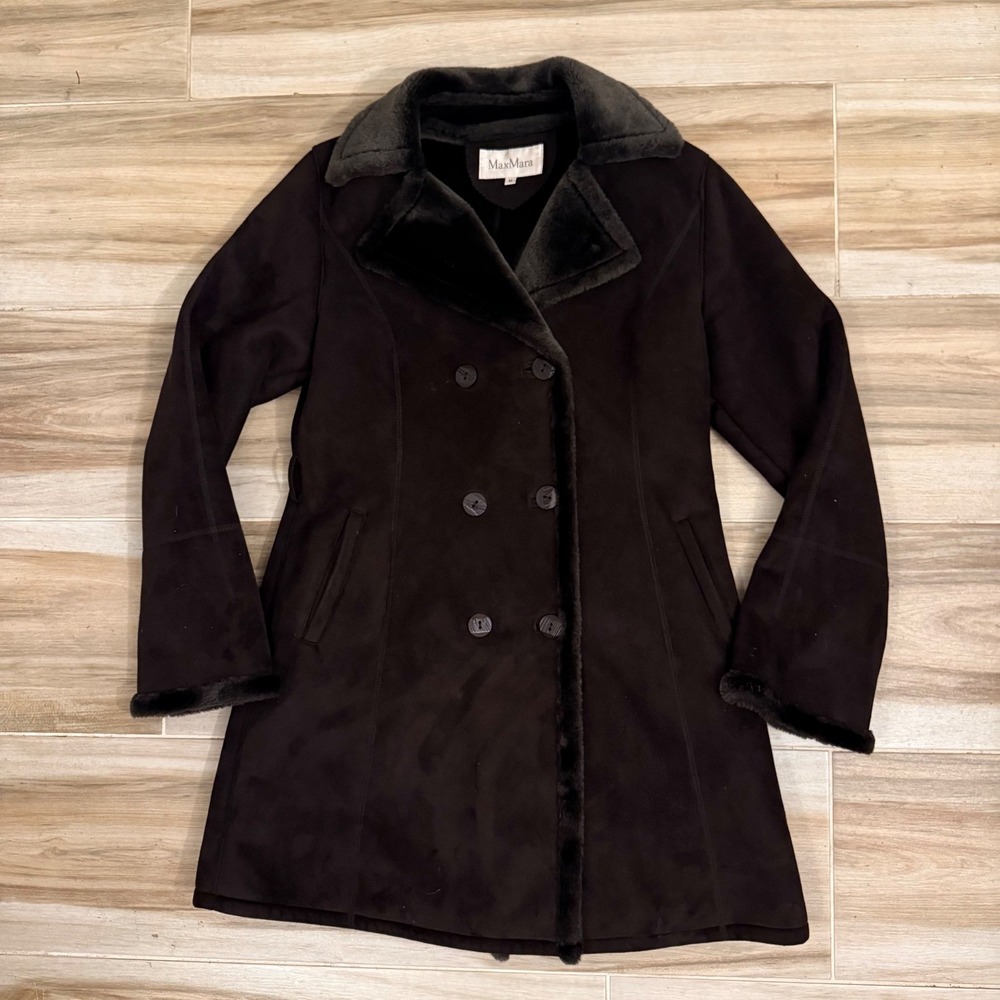 MaxMara Womens Brown Faux Suede Fur Lined Double Breasted Coat Jacket Size M